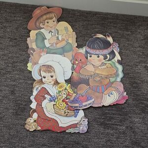 3 Large Vintage Die Cut Thanksgiving Double Sided Window Wall Decor Pilgrim Girl